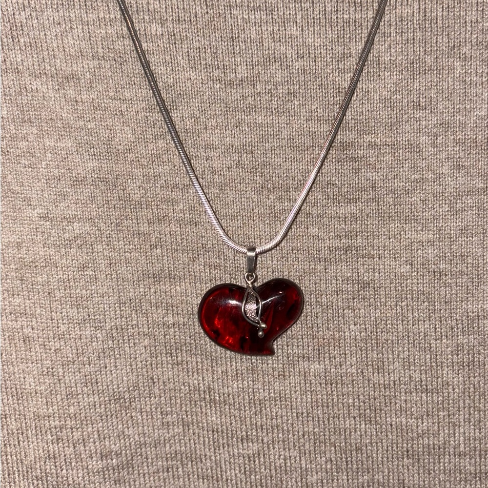 Amber Heart Pendant Necklace with Sterling Silver Chain